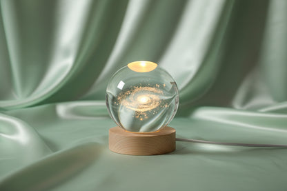Glass sphere with galaxy design on a wooden base, next to an astronaut figurine.