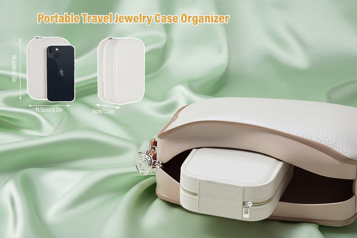 Portable travel jewelry case organizer with dimensions indicated on a light pink background