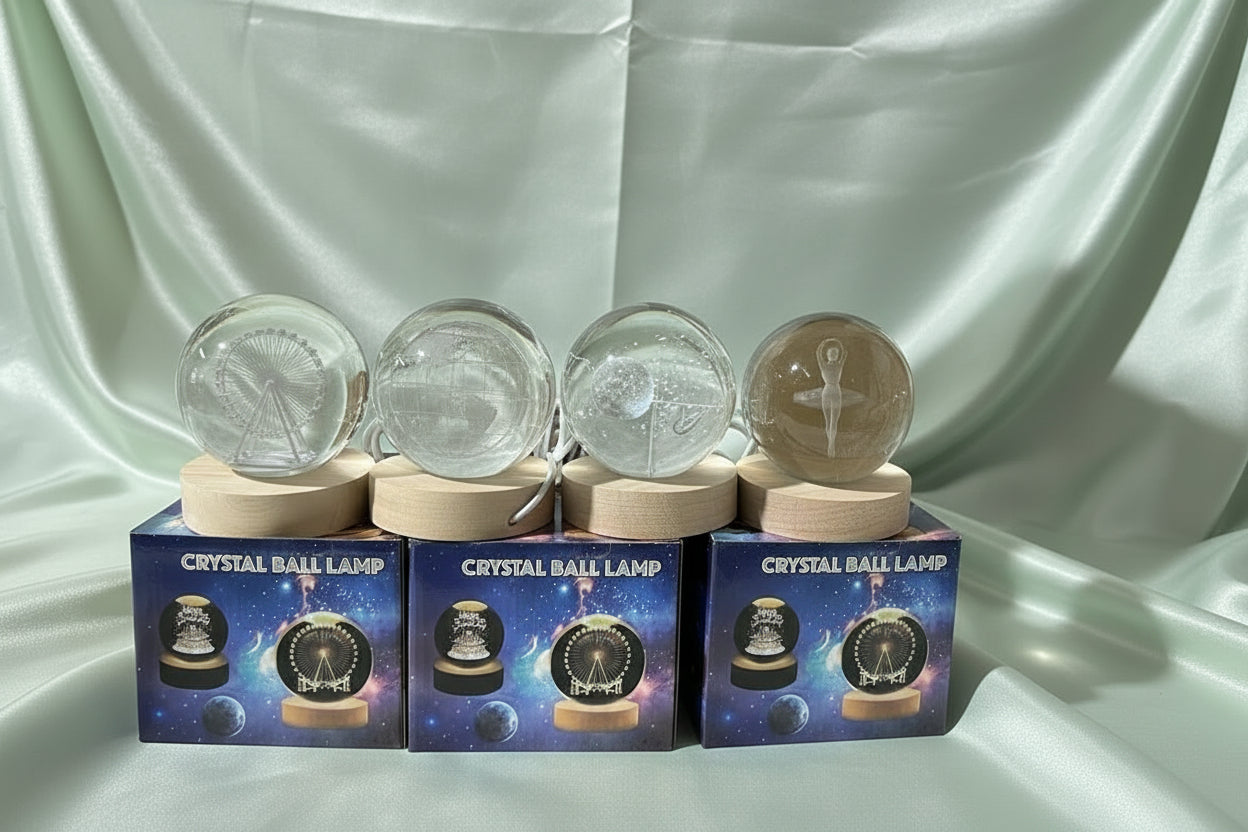 Crystal ball lamps with packaging on a cardboard box